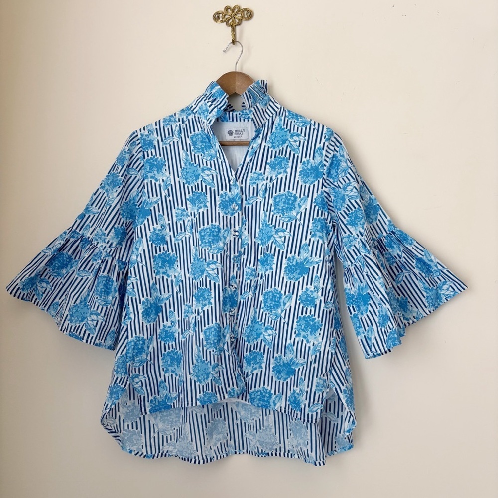 Holly Shae Blue Floral Stripe Button Front Tunic Blouse XS Summer Resortwear